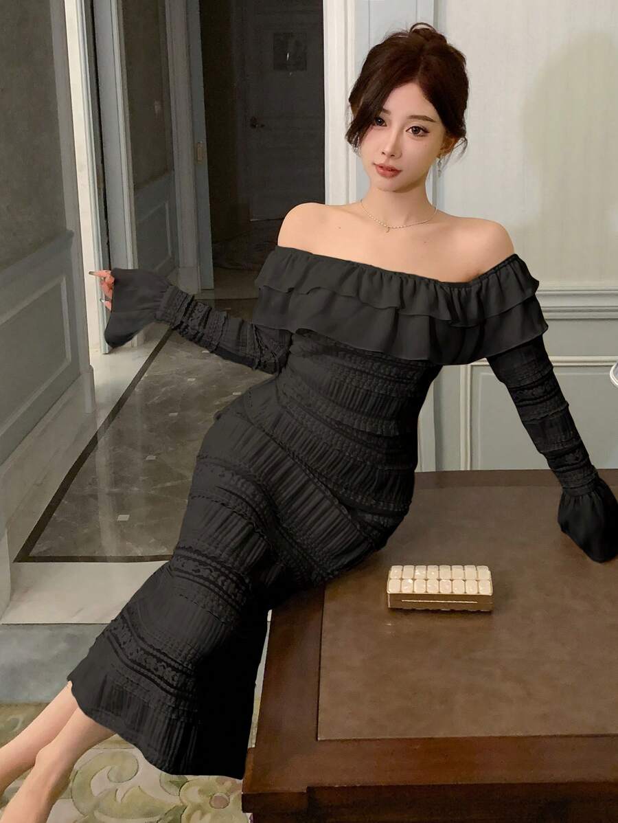 DAZY 女士露肩多层蕾丝喇叭袖修身连衣裙，生日舞会礼服，荷叶边，秋季连衣裙，优雅女装 - 黑色 - 查看 1