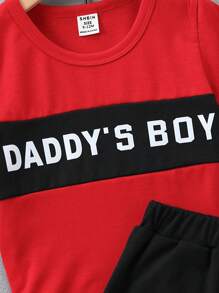 Baby Boy Letter Print Short Sleeve Top And Color Blocking Shorts