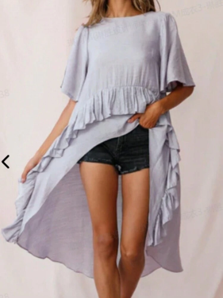 Solid-Color Ruffle Edge Asymmetrical Hemline Shirt