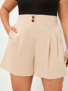 SHEIN Essnce Plus Size Women's Solid Color Pleated Shorts - Khaki - View 5