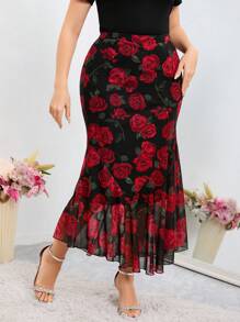 Modelyn 大尺碼女士花卉印花人魚裙擺裙 - 彩色 - 查看 3