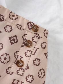 SHEIN 少女拼色短袖t卹荷葉邊字母細節加扣裝飾a字裙兩件套 - 卡其色 - 查看 3