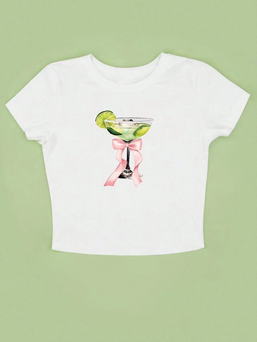 Y2k Lemon Cocktail Glass & Bowknot Print T-Shirt,Baby Tees Woman - White - View 1