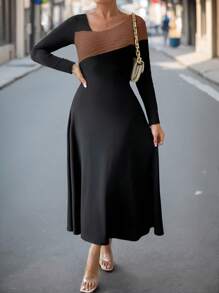 SHEIN Clasi Plus Size Women's Color Block Long Sleeve Dress