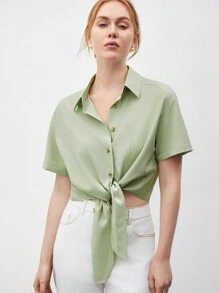 BizChic Camisa Abotonada De Color Liso Con Dobladillo Delantero Anudado - Verde - Ver 5