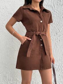 EURMUSE Solid Color Front Button Denim Dress - Brown - View 5