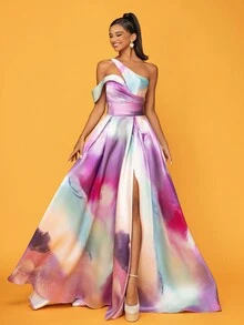 镂空不对称领长款高端优雅渐变扎染正式晚礼服舞会婚礼宾客礼服，适合毕业典礼、晚宴派对礼服 - 淡紫色 - 查看 7