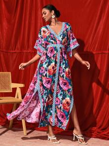 TIYA Vestido largo con cuello en V profundo, estampado total, diseño bohemio y boho para mujer, vestido elegante de verano, atuendo para Año Nuevo, para vacaciones, fiestas y festivales