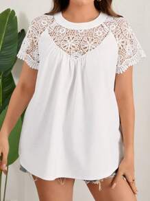 SHEIN LUNE Áo thun tay Raglan cổ tròn nối ren cỡ lớn - trắng - Xem 6