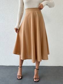 EURMUSE Solid Color Pleated A-Line Skirt - Beige - View 5