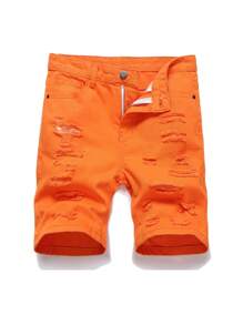 Shorts de mezclilla rasgados en unicolor para niño preadolescente - Naranja - Ver 2