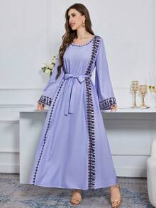 Al Najma Váy Ả Rập cổ tròn in hoa cho nữ, Jalabiya dài kín đáo, Váy dài tay thường ngày - Màu tím - Xem 6