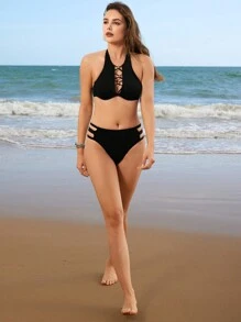 SHEIN Swim 女士纯色露背交叉设计比基尼套装夏季海滩 - 黑色 - 查看 8