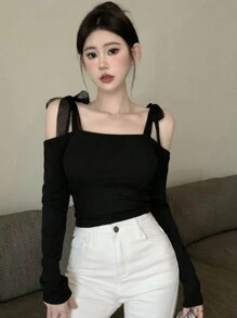 Dazy Designer 女士露肩设计长袖T恤，时尚感十足，除夕夜，露肩上衣，返校服，秋季女装 - 黑色 - 查看 7