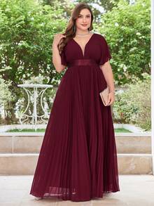 Elegantes V-ausschnitt Kleid Große Größen Mit Plissierter Taille Und Langem Ausgestelltem Chiffon Für Die Mutter Der Braut - Bordeaux - Übersicht 3