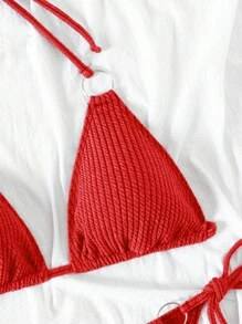 SHEIN Swim Solid Texture Halter Neck Ring Design Two-Piece Bikini Set, String Bikini Set Swimwear Bathing Suit Beach Outfit Summer Vacation,Summer Beach - Red - View 4