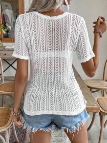 SHEIN Frenchy White Shell Edge Patchwork Neckline Hollow Knitted Top, Suitable For Summer Vacation Or Wedding Season - White - View 5