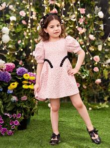 SHEIN 少女款夏季優雅精緻緹花編織束腰連身裙，附編織緞帶細節 - 粉色 - 查看 4