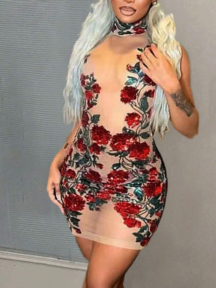 Slaydiva 2024 Sexy Summer Music Festival Streetwear Casual Slim Fit High-Neck Rose Flower Mesh Semi-See-Through Tight PU Leather Splicing High Elasticity Women Mini Dress For Valentine Day, Date, Holiday Party - Multicolor - View 1