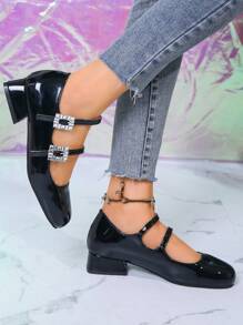 2024 Mới Mùa Xuân Mùa hè Mary Jane Của phụ nữ Giày dép Phong cách Pháp Cắt thấp Da đen Giày dép Với Kim cương giả Và 3cm Giày cao gót - màu đen - Xem 7