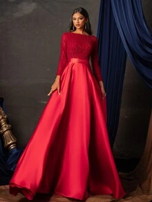 女士亮片缀饰长袖开衩长礼服，高端晚会礼服 - 紅色 - 查看 4