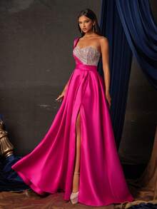 Women's Sequin Embellished One-Shoulder Sleeveless Floor-Length Elegant Formal Gown - Hot Pink - View 3