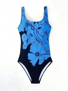 SHEIN Swim Lushore 花卉印花圆领无袖连体泳衣，修身剪裁，适合游泳、度假、夏季海滩 - 藍色 - 查看 3