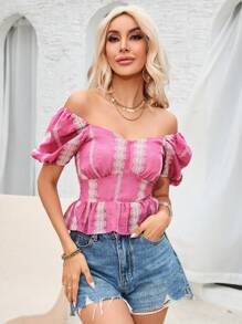 Aveloria Puff Sleeve A-Line Random Geometric Print Women Shirt - Multicolor - View 3