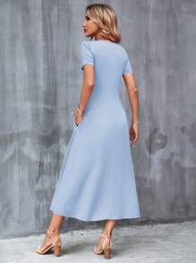 SHEIN Clasi Của phụ nữ Màu thuần Cổ chữ V Ngắn tay Đầm Với Túi - Màu xanh nhạt - Xem 2