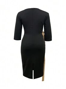 Đầm bodycon thời trang màu khối tự buộc dây cỡ lớn cho mùa xuân và mùa hè - màu đen - Xem 2