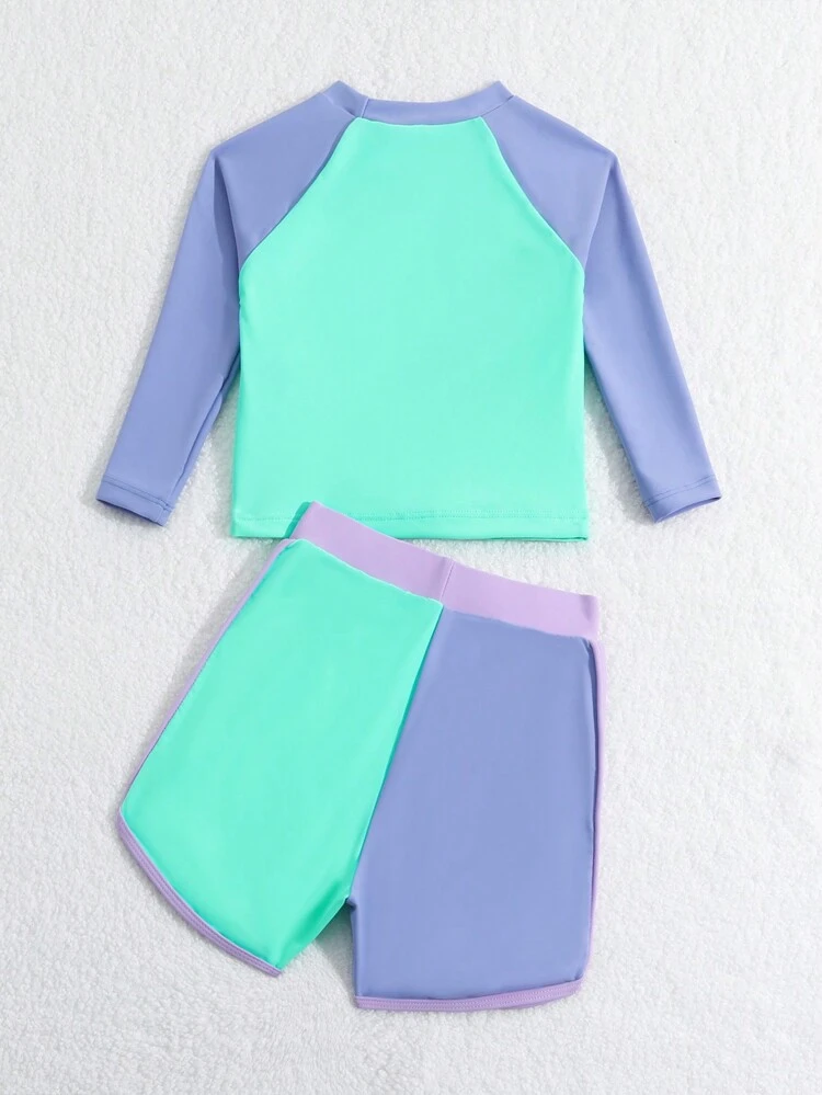 Baby Boy's Color-Block Short Sleeve Rash Guard And Shorts Swimwear, Long Sleeve Bathing Suit Beach Outfit Rash Guard Summer Vacation