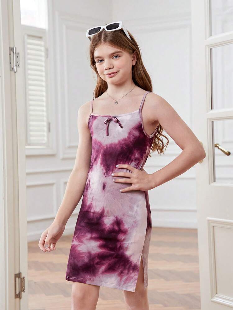 2pcs/Set Knitted Tie Dye Loose Fit Casual Vacation Tank Dress Outfit For Tween Girls