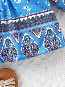 Vintage Floral Print Ruffled Hem Dress For Baby Girl - Blue - View 6