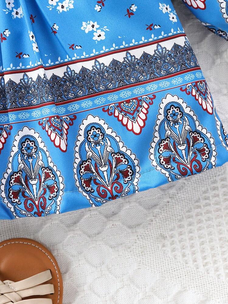 Vintage Floral Print Ruffled Hem Dress For Baby Girl