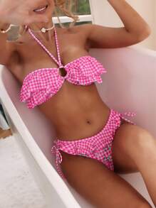 Swim Vcay Women's Plaid Floral Print Ruffle Bikini Set Summer Beach - Pink - View 5
