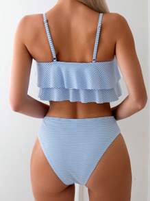 Swim Mod Color Block Striped Two Pieces Bikini Set, Summer Beach - Blue and White - View 2