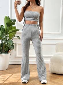 SHEIN EZwear Grey Ribbed Tube Top And Flare Pants Women's Set - Grey - View 4