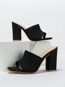 Women's Peep Toe Mules With Chunky Heel & Knitting Design, Breathable & Casual For Summer - Black - View 5