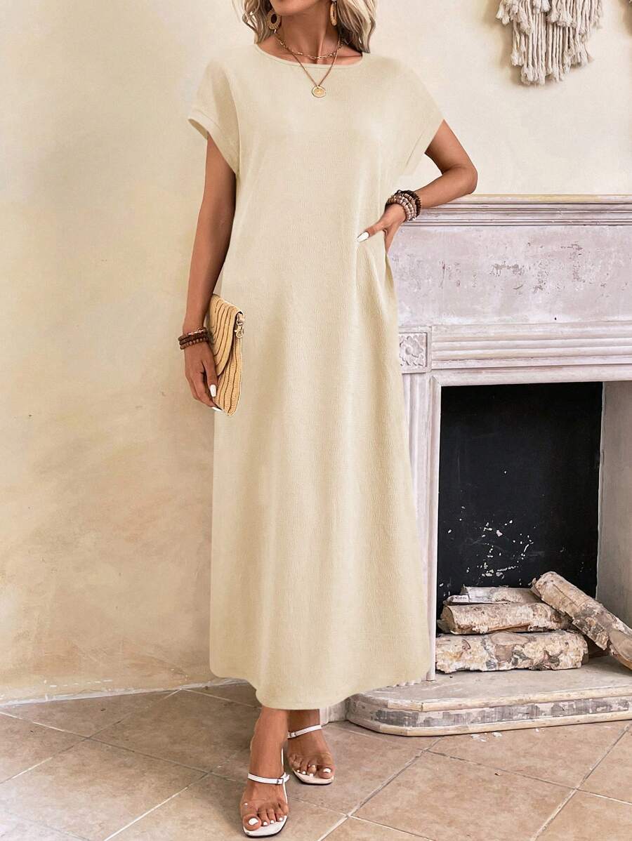 EMERY ROSE Solid Batwing Sleeve Tunic Summer Dress - Apricot - View 1