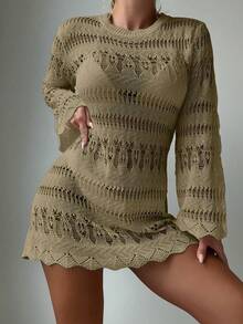 SHEIN Swim Summer Beach Solid Color Knitted Hollow Out Flare Sleeve Cover Up - Khaki - View 3