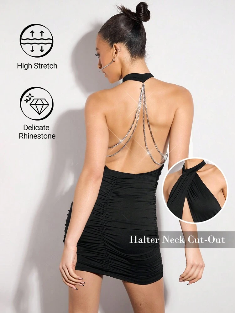 Women's Sexy Halter Neck Cut-Out Dress With Rhinestone & Chain Detail