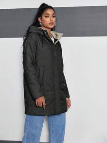 HaiLuoZi Women's Solid Color Drop Shoulder Long Sleeve Pockets Hooded Padded Coat - Black - View 5