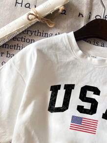 SHEIN Leap Crew 4th Of July Tween Girl Teen Girls Casual USA Graphic Short Sleeve T-Shirt, Suitable For Summer, Cotton Blended - White - View 3