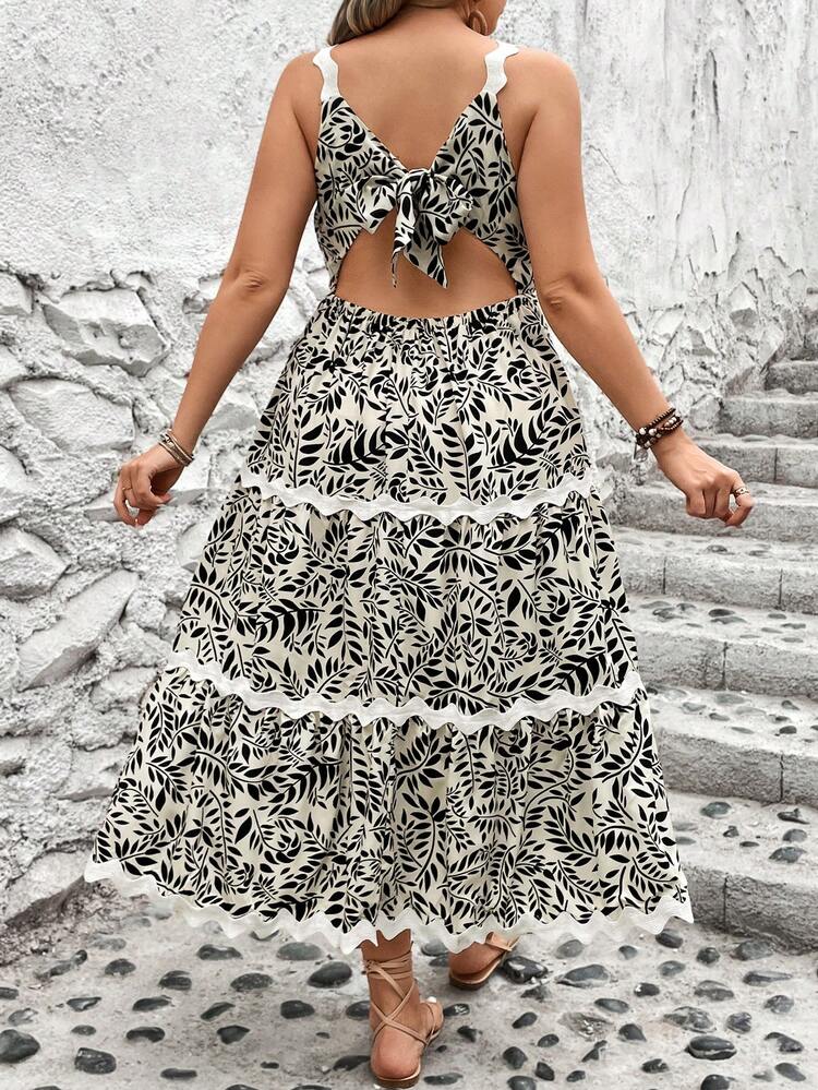 Plus Size Women's Printed Fabric Layered Spaghetti Strap Dress