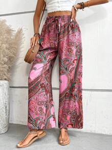 SHEIN LUNE Women's Paisley Print Shirred Waist Tie Long Pants - Pink - View 4