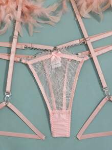 Set de lencería con encaje floral con diseño de perla artificial con aro con liga - Rosa Pálido - Ver 4