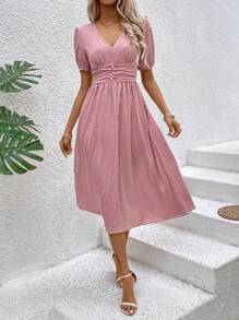 Breezaya Đầm Maxi Cổ Chữ V Màu Trơn Thắt Eo Thường Ngày Trang Phục Đi Biển Kỳ Nghỉ Cho Nữ - Bụi hồng - Xem 4