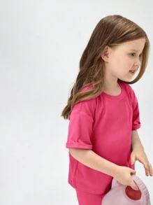 SHEIN Bộ quần dài và áo ngắn tay đơn giản thoải mái cho cô gái trẻ - Màu Hồng Tươi - Xem 6