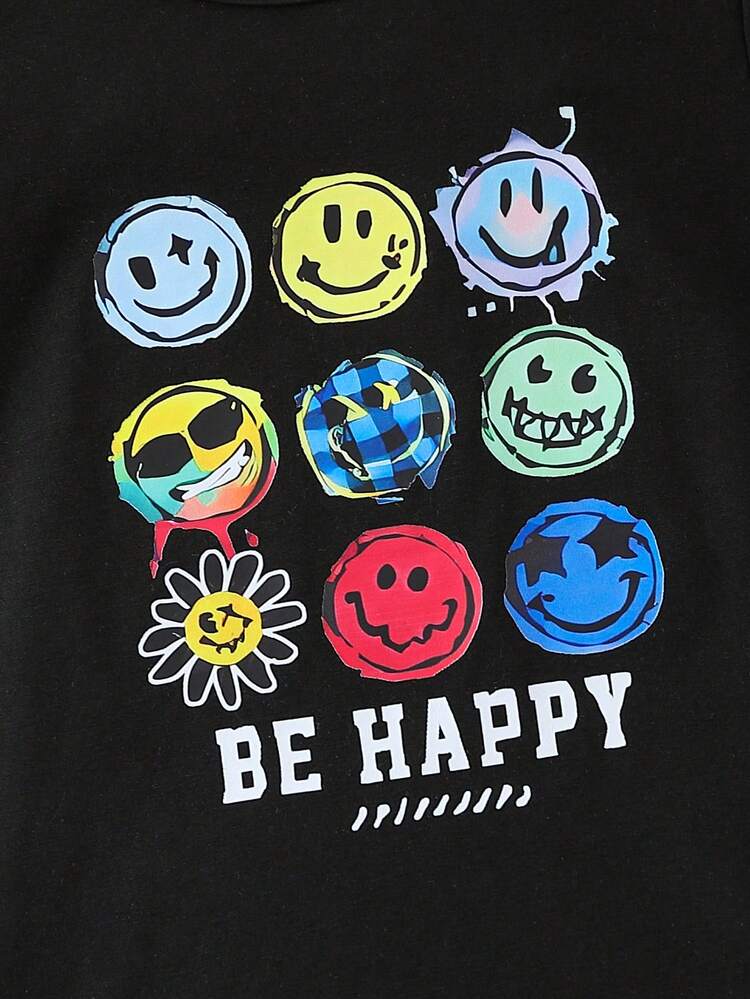 Young Girl Two-Piece Set, Cute Face Printed T-Shirt And Jumpsuit For Summer