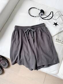 SHEIN Teen Girl Knitted Solid Color Loose Fit Shorts With Slanted Pockets And Drawstring For Casual Wear - Dark Grey - View 1